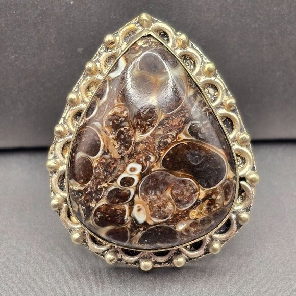 925 Sterling Silver Plated Turritella Agate Ring Size 8 Bezel Setting Bohemian - Picture 1 of 13